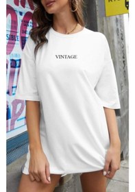 Resim Kadın Beyaz Vintage Baskılı Oversize T-shirt 001 