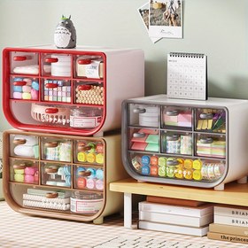 Resim Şık 7 Bölmeli Çekmeceli Masaüstü Depolama Organizatörü - Toz Geçirmez Plastik Çoklu Bölme Kutu, Kırtasiye, Kozmetik ve Takılar İçin - Ofis & Ev Masası Düzenleyici, Şık Tasarım, Şeffaf Cep Tasarımı 