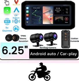 Resim BEKAZE 6.25'' 2K Dokunmatik Ekranlı Su Geçirmez Motosiklet CarPlay GPS - 2 Kameralı, Lastik Basınç Sensörlü 