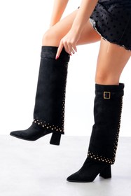 Resim SEEM Jennifer Trok Detaylı Tak Çıkar Western Topuklu Süet Siyah Çizme / Bot 