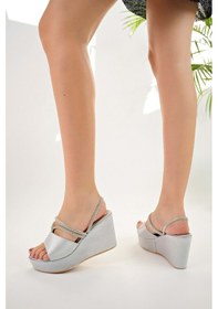 Resim Bulutmod Ba04482 Gümüş Kadın Saten Sargı Taşlı Günlük Abiye Dolgu Topuklu Terlik Gümüş 