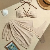 Resim Çıkarılabilir Askılı Yüksek Elastikiyetli Düz Renkli Dantelli Detaylı Şık Bikini Üç Parça Set, Plaj veya Havuz Kenarında Mükemmel 