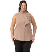 Resim Büyük Beden Yarım Dik Yaka Asimetrik Volanlı Kolsuz Vizon Bluz Vizon 