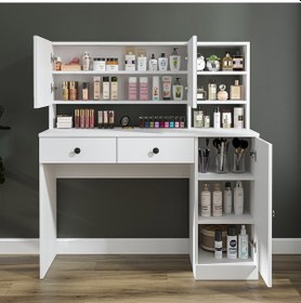 Resim Ella Aynalı Makyaj Masası - 2 Çekmeceli, Dolaplı , Takı Düzenleyici Beyaz 