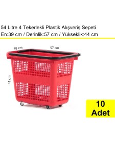 Resim Akdenizpos Tekerlekli Plastik Market Alışveriş El Sepeti 54 Litre Kırmızı 10 Adet 
