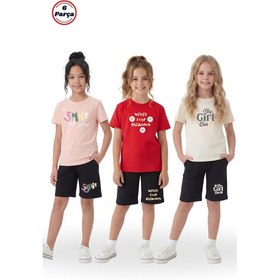 Resim Fyk Kids 3 Lü Yuvarlak Yaka Kaprili Baskı Detaylı Yazlık Kız Çocuk 6 Parça Alt Üst Takım Somon - Mercan 
