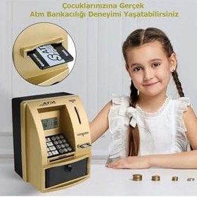 Resim LCD Ekran ATM Şifreli Kumbara Kağıt Demir Para Girişli Kartlı Sesli Yönlendirme Takvim Saat 