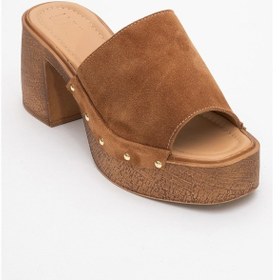 Resim Luvishoes Luvi Shoes Pull Taba Süet Hakiki Deri Kadın Platform Topuklu Terlik Taba 
