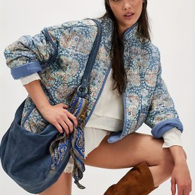 Resim Şık Özel Koleksiyon Çiçek Desenli Bol Kesim Uzun Kollu Kapitone Ceket - Makinede Yıkanabilir Sonbaharlık Günlük Giyim, Mavi & Altın Tasarım 