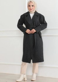 Resim Yakamoz Kaşe Kaban Uzun Boy 115 Cm Kruvaze Yaka Kuşaklı Astarlı Tesettür Kaban Yünlü - Siyah 