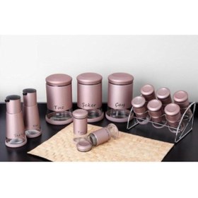 Resim 13 Parça Rosegold Renk Cam Baharatlık Baharat Takımı Seti 
