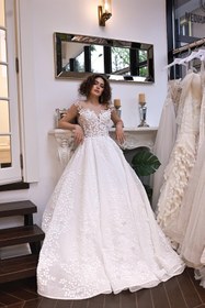 Resim Davi Üç Boyut Dantelli V Yaka Prenses Model Gelinlik - Kırık Beyaz / 36 