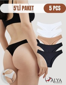 Resim Alya Underwear Kadın Külot Pamuklu String - 5 Adet Siyah Tanga S, M, L, Xl P01 