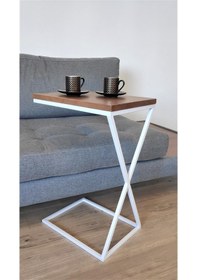 Resim Lambada Beyaz Metal Çapraz Ayak Ahşap Yan Sehpa 