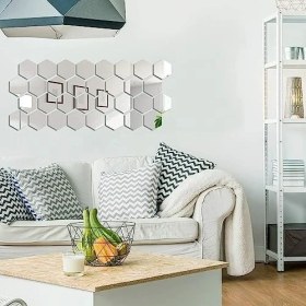 Resim Storemax Data Kablo Düzenleyici, 36 Parça Çıkarılabilir Akrilik Ayna Duvar Çıkartması, Altıgen Yapışkanlı Duvar Aynası, Oturma Odası ve Yatak Odası Dekorasyonu Için (Gümüş, 10 x 8.5 x 5cm) 