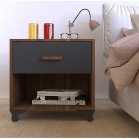 Resim Gm 027 Ceviz Antrasit Gri Tek Çekmeceli Komidin 