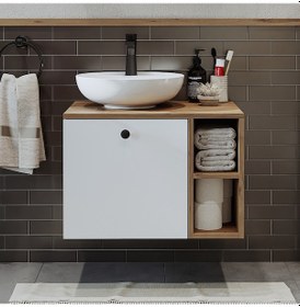Resim Lavabolu Mdflam 65 Cm Çekmeceli Banyo Dolabı Atlantik Çam - Beyaz 