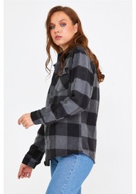 Resim Kadın Füme-siyah Slim Fit Cepli Ekoseli Oduncu Gömlek-kkkodg001r03s Füme-siyah 