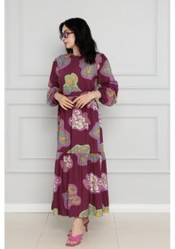Resim Sevitli Desenli Kuşaklı Viscon Elbise-bordo-4105-bordo Bordo 