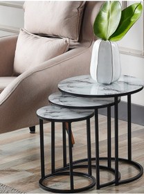 Resim 3' Lü Beyaz Mermer Temperli Cam Siyah Metal Sehpa 