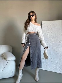 Resim Swet Shop Jeans Kadın Önü Düğmeli Uzun Boy Siyah Kar Yıkama Antrasit Renk Likralı Kot Etek 