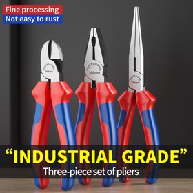 Resim Endüstriyel Kalite Yalıtımlı Kaplan Pense Seti - 3 Bölmeli Voltaj Dirençli Diyagonal Kesiciler, Sivri Burun, Kaymaz ve Düşmeye Karşı Tasarım, Ağır Hizmet Metal Yapı ve Ergonomik Kırmızı/Mavi Tutma Yerleri, Elektrikçiler, Kablo, Elektrik Tamiratları İçin (Endüstriyel Alet Seti) 