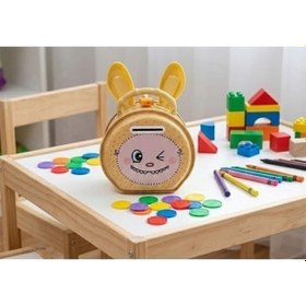 Resim Kilitli Metal Kumbara Sevimli Tavşan Figürlü Kulaklı Çocuklar İçin Para Biriktirme Kumbarası Sarı Çok Renkli 