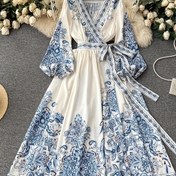 Resim Kadınlar İçin Vintage Kraliyet Sarayı Elbisesi - Şık Resmi ve Günlük Kullanım Uzun Etekli V Yaka, Bel Bağcıklı, Esnemeyen Kumaş, Düğünler, Partiler, Ofis için Makinede Yıkanabilir Katmanlı Tasarım 