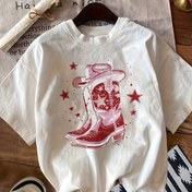 Resim Kadın Büyük Beden Rahat Yuvarlak Yaka Tişört, Minimalist Kovboy Çizmesi Çizimi ile Polyester Örme Kumaş, Tüm Mevsimler İçin Bol Kesimli Kısa Kollu Üst 