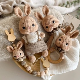 Resim Amigurumi Tulumlu Tavşanım Bebek Seti Bej - 4 Parça Bebek Seti 