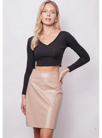 Resim Kadın Hafif Likralı Deri Yüksek Bel Diz Boy Çan Etek-bej Bej 