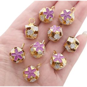 Resim Çiçekli Kulplu Çan, Hayvan Tasma Zili, Amigurumi Zili, Kına Gecesi Tef Yapımı Zili 20 Adet Mor 