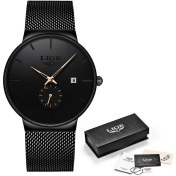 Resim Hanyang Siyah Altın Lıge Moda Erkek Saatler Üst Marka Lüks Ultra Ince Kuvars Izle Erkekler Için Örgü Kayış Su Geçirmez Altın Izle Relogio Masculino (Yurt Dışından) 