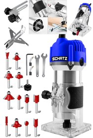 Resim Schatz Profesyonel 600W 6 Kademe Devir Ayarlı Formika Traşlama Freze Makinesi 6 mm Pens + 12 Adet Uç Mavi 