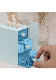 Resim Masaüstü Kalemlik Organizer 7 Bölmeli Kawaii Kapaklı Mini Çekmeceli Kalemlik - Mavi Mavi 