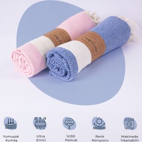 Resim %100 Pamuk Mavi-Pembe Elmas Peştamal 2'li - 100x180 Cm 