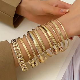 Resim 10'lu Set Kişiselleştirilmiş Parlak Zincirli Yığınlanabilir Orta Doğu Altın Stili Erkek ve Kadın Kapalı Ağız Bilezik Seti 