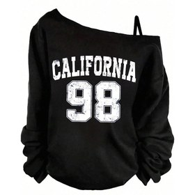 Resim Kadınlar için Kaliforniya 98 Grafik Sweatshirt - Asimetrik Yaka ile Rahat Uzun Kollu Pullover, Siyah Rahat Spor Stili, Sonbahar/Kış için Spor Sweatshirt | Asimetrik Yaka Üstü | Esnek Kumaş 