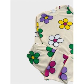Resim Aliş Kids Kız Çocuk Pamuklu Krem Rengi Çiçek Desenli Uzun Kollu Mevsimlik Pijama Takımı 