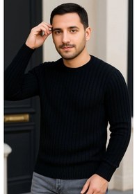 Resim Erkek Fitilli Triko Kazak 2 Li Set Siyah Bordo, Kalın Dokuma Pamuklu Regular Fit Bisiklet Yaka Uz Siyah - Bordo 