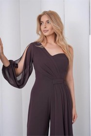 Resim Neşeli Butik kadın kahverengi tek kol astarlı tül kumaş tasarım abiye tulum NBS9389 