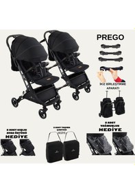 Resim Prego İkiz Apartlı Birleşip Ayrılan Yan Yana İkiz Kabin Boy Bebek Arabası 