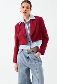 Resim Düğmeli Kısa Blazer Ceket - Vişne - 38 / VİŞNE 