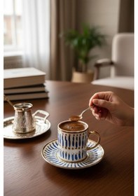 Resim 6 Kişilik Minimalist Tasarım Çizgili Türk Kahvesi Fincanı Ve Tabağı -90ml Diğer 