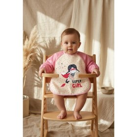 Resim Babydonat Super Girl Desenli Sıvı Geçirmez Uzun Kollu Bebek Mama ve Aktivite Önlüğü - Pembe Puantiyeli Blw Uyumlu 6-18 Ay 