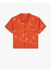 Resim Koton Kısa Kollu Gömlek Baskı Detaylı Tek Cepli Viskon Kumaş Turuncu Desenli 4skb60246tw 