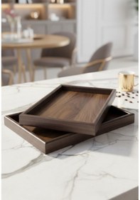 Resim 2'li Lüx Bambu Ahşap Tepsi Seti 25 X 35 & 20 X 30 Koyu Kahve Koyu Kahverengi 