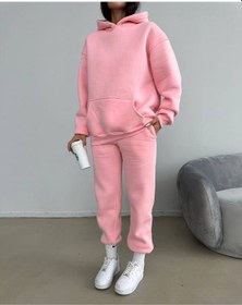 Resim Baskısız Eşofman Takımı Sweatshirt Jogger - Pembe Oversize Şardonlu Kapüşonlu Pembe 