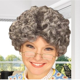 Resim Gri Renk Kıvırcık Yaşlı Peruk Büyükanne Peruğu Astarlı Bonus 