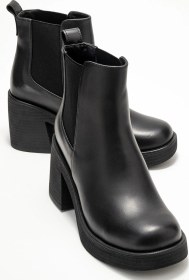 Resim Luvi Shoes Lysa Siyah Cilt Lastikli Hakiki Deri Kadın Platform Topuklu Bot Siyah-Cilt 
